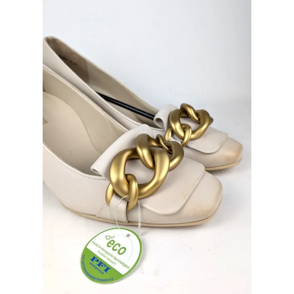 Paul Green Ozzie Pump Heel Biscuit Leather Beige‎ Gold Chain 8 US / 5.5 UK $420